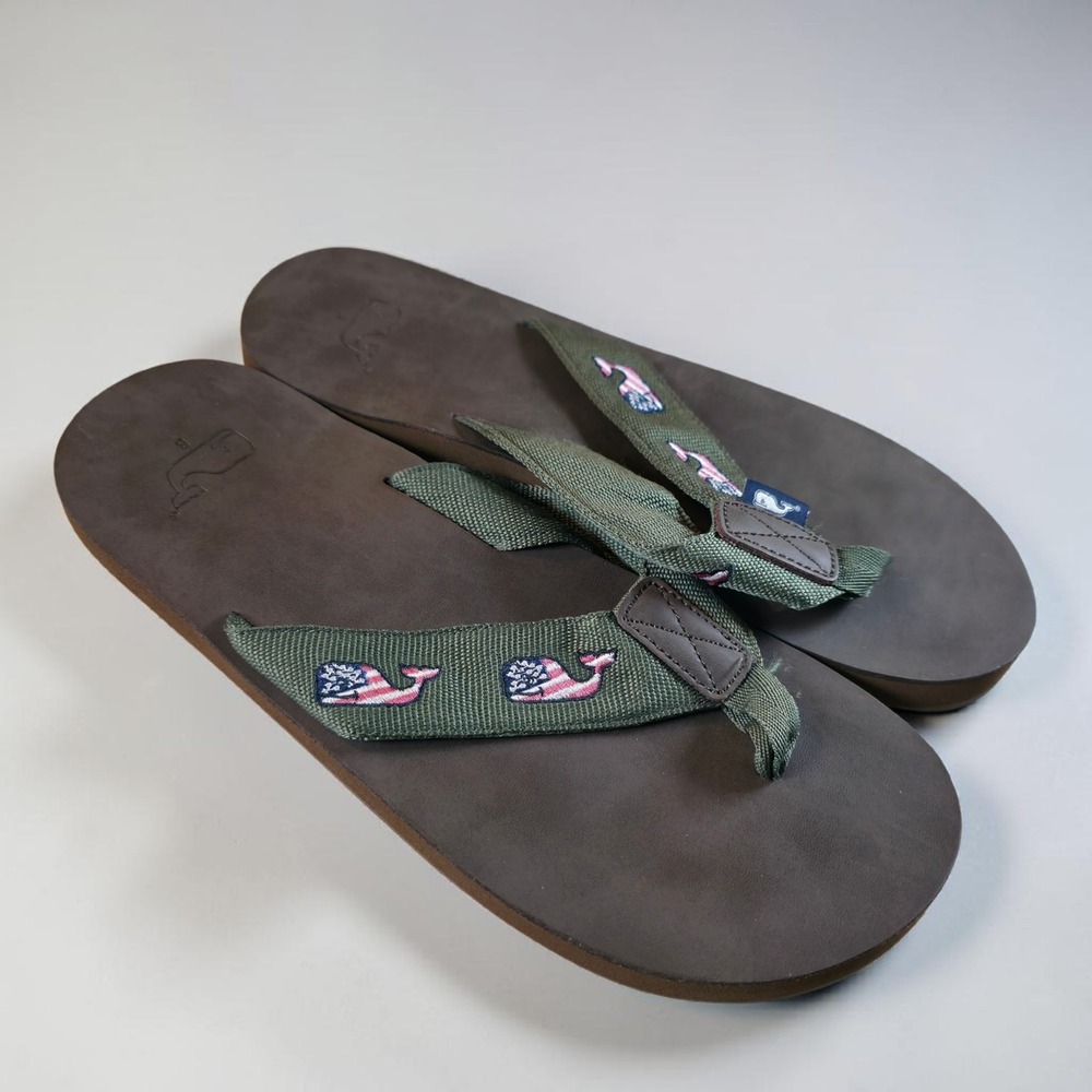 Vineyard Vines American Flag Whale Leather Flip Flop Spanish Moss Mens 8 New